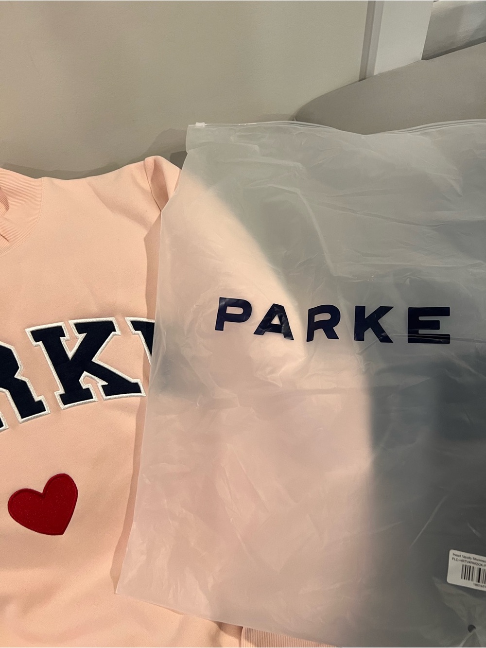 Parke Heart Varsity Mockneck- Soft Pink Sweatshirt with Navy Logo - L/XL